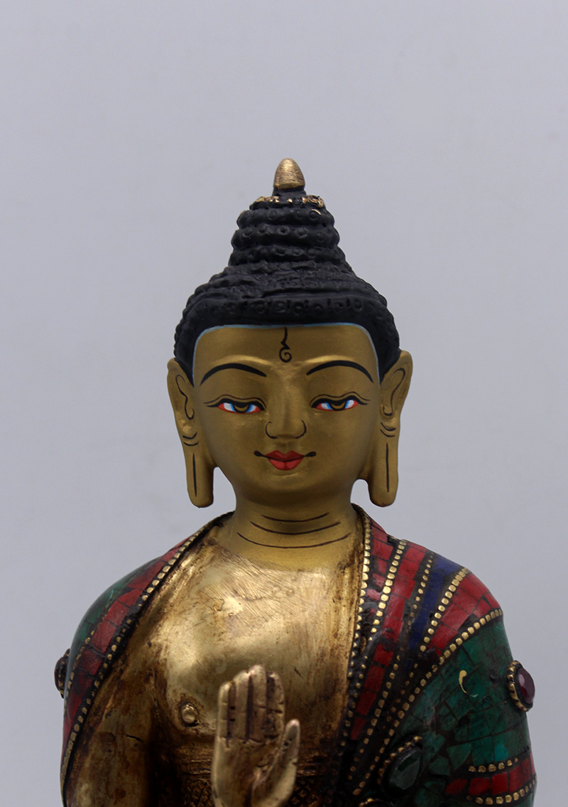 Stone Inlaid Copper Amogasiddhi Buddha Statue 8.5"H