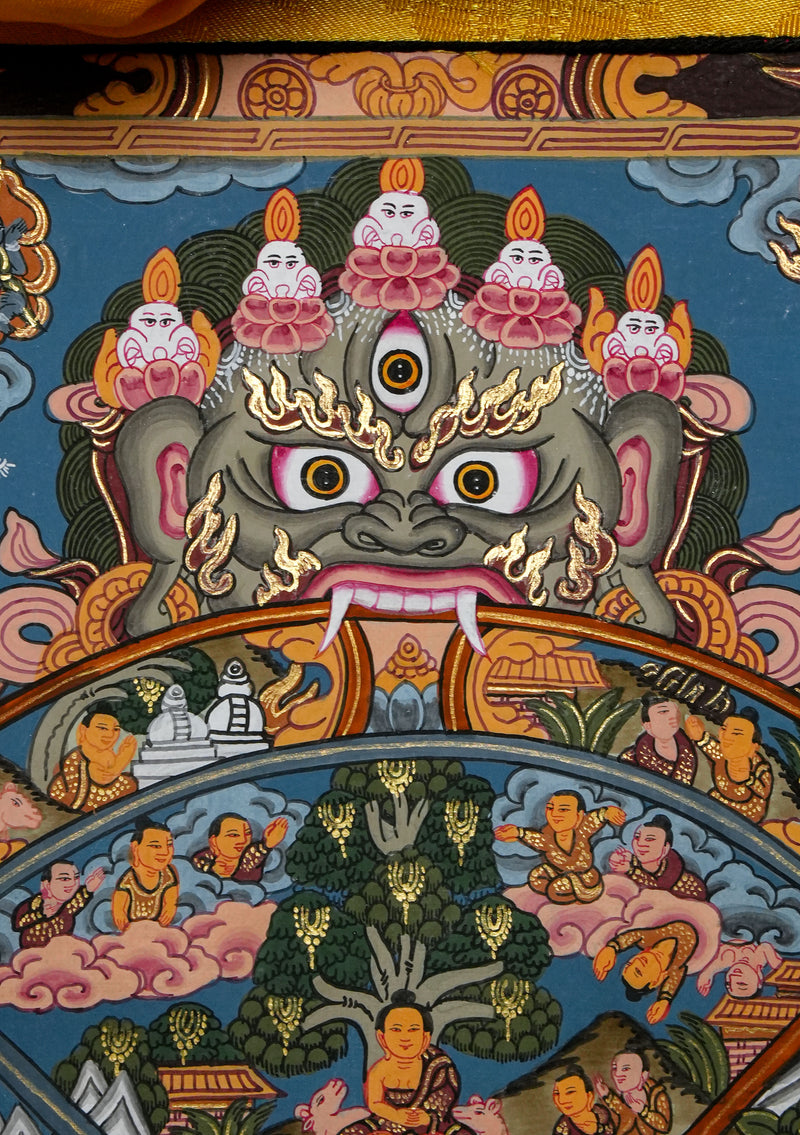 Wheel of Life Thangka Painting with Brocade