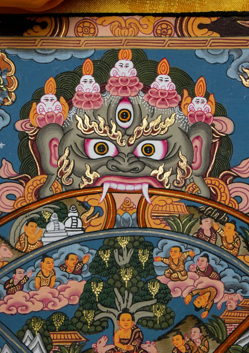 Wheel of Life Thangka Painting with Brocade