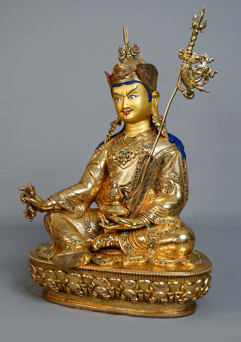 Masterpiece Fully Gold Plated Guru Rinpoche (Padmasambhava) Statue – Sacred Tibetan Buddhist Art | 14” H