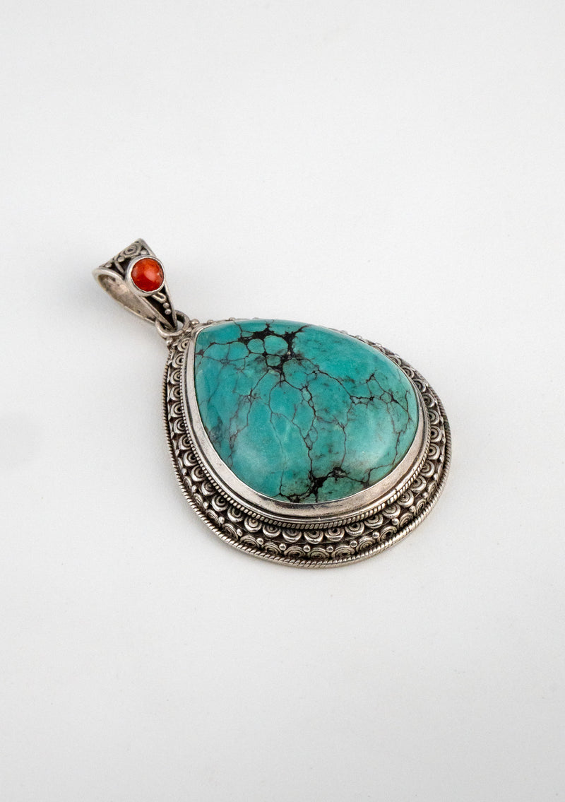 925 Sterling Silver Turquoise & Coral Filigree Pendant