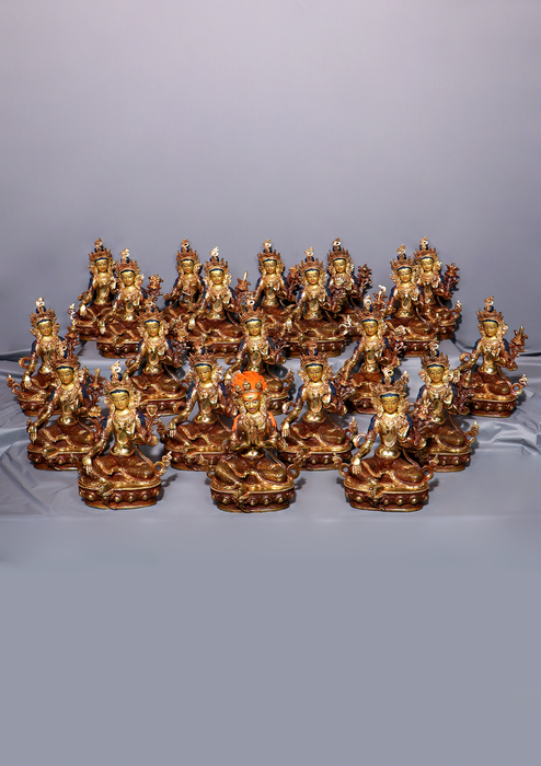21 Tara Set Partly Goldplated Copper Statue 9" H