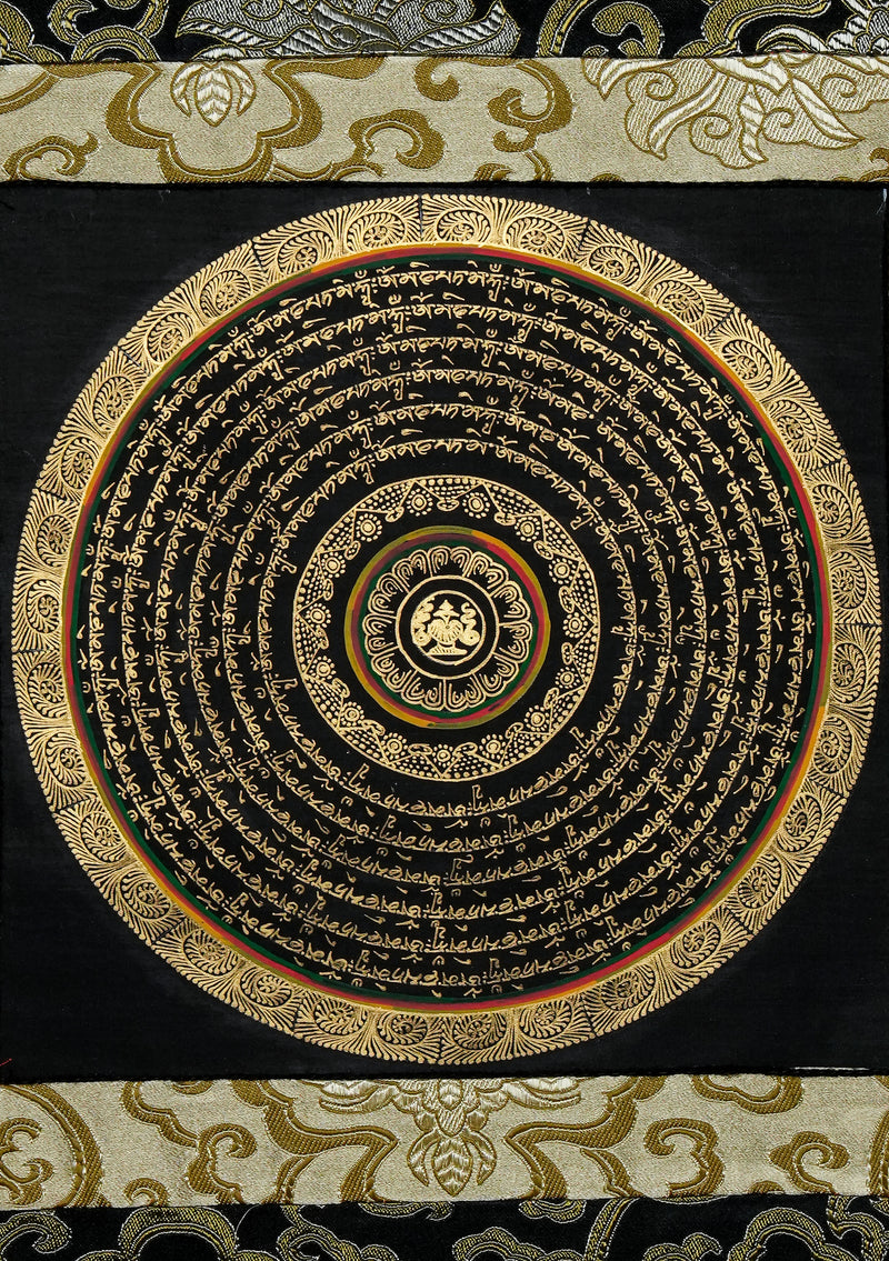 6 Line Om Mani Mantra Mandala Thangka Painting with Brocade