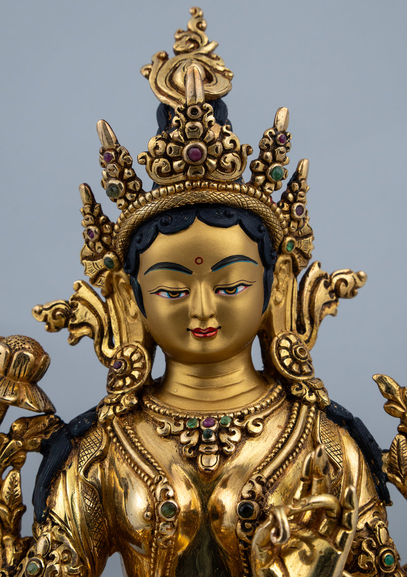 Fully Gold Plated Green Tara Statue with Stone Inlays 9.5"H