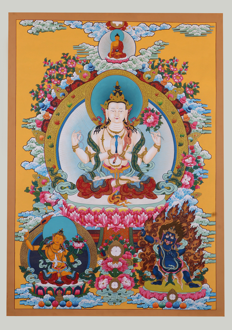 Chenrezig God of Compasssion Thangka Painting Orange Background