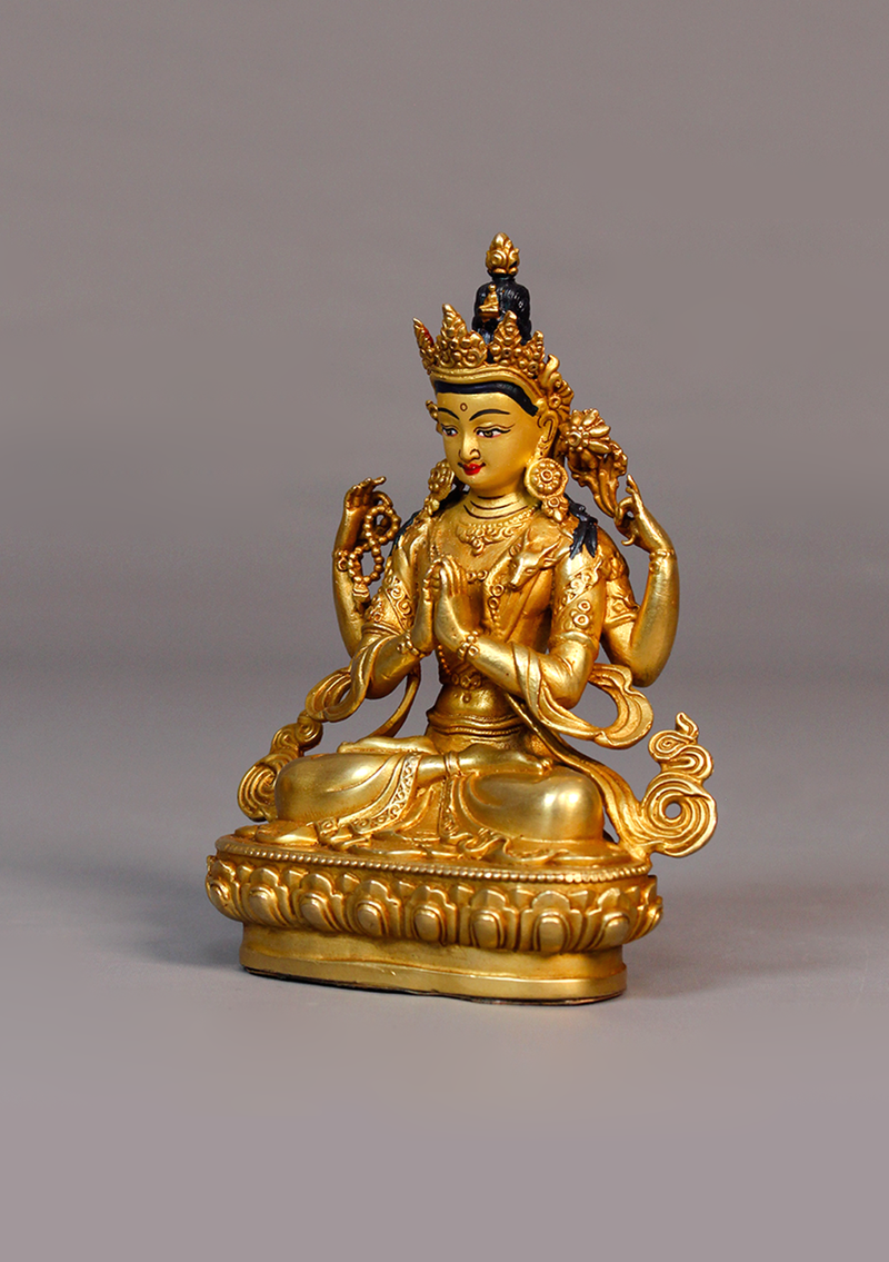Fully Gold Plated Chenrezig Statue 4.25"H