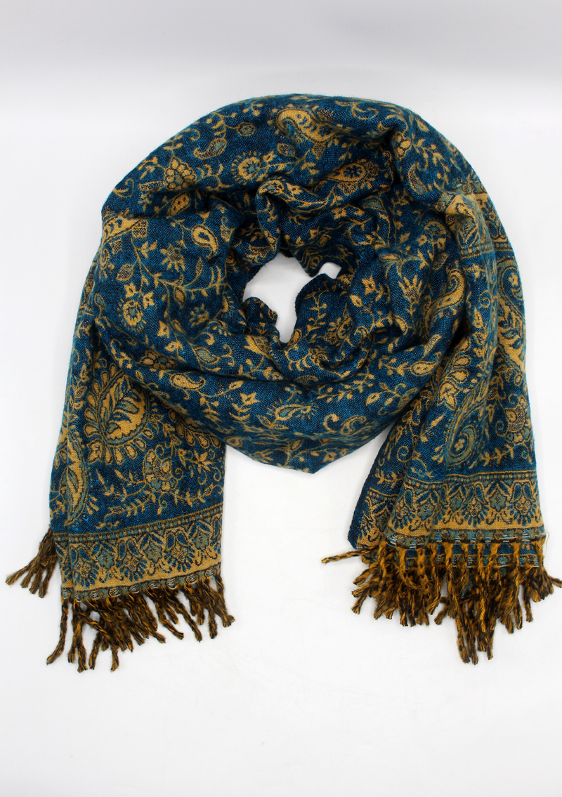 Hand loomed Leaf Blue Woolen Shawl