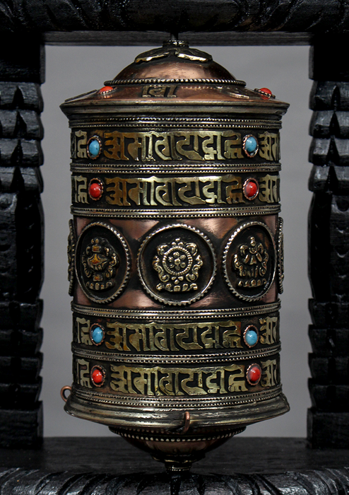 Wall Hanging Single Prayer Wheel with Stone Inlays