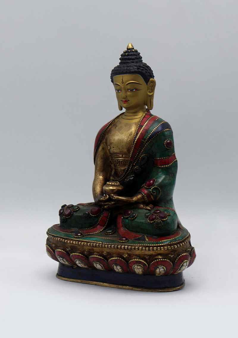 Stone Inlaid Copper Amitabha Buddha Statue 8.5"H