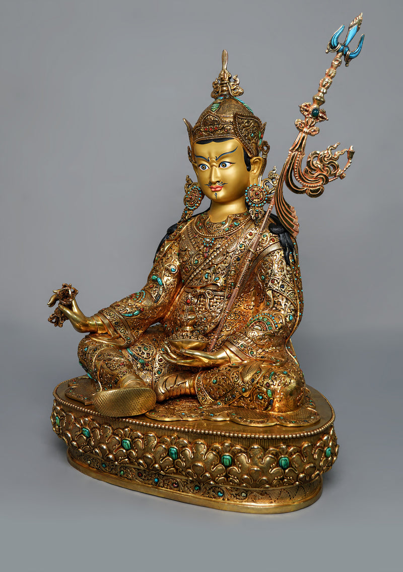Masterpiece 24K Gold Plated Stone Inlaid Guru Padmasambhava Statue 2 feet High