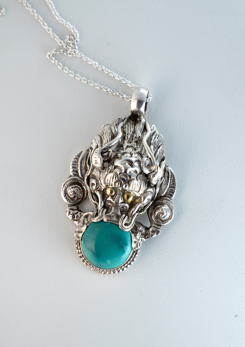 Sterling Silver Turquoise Dragon Pendant with Chain