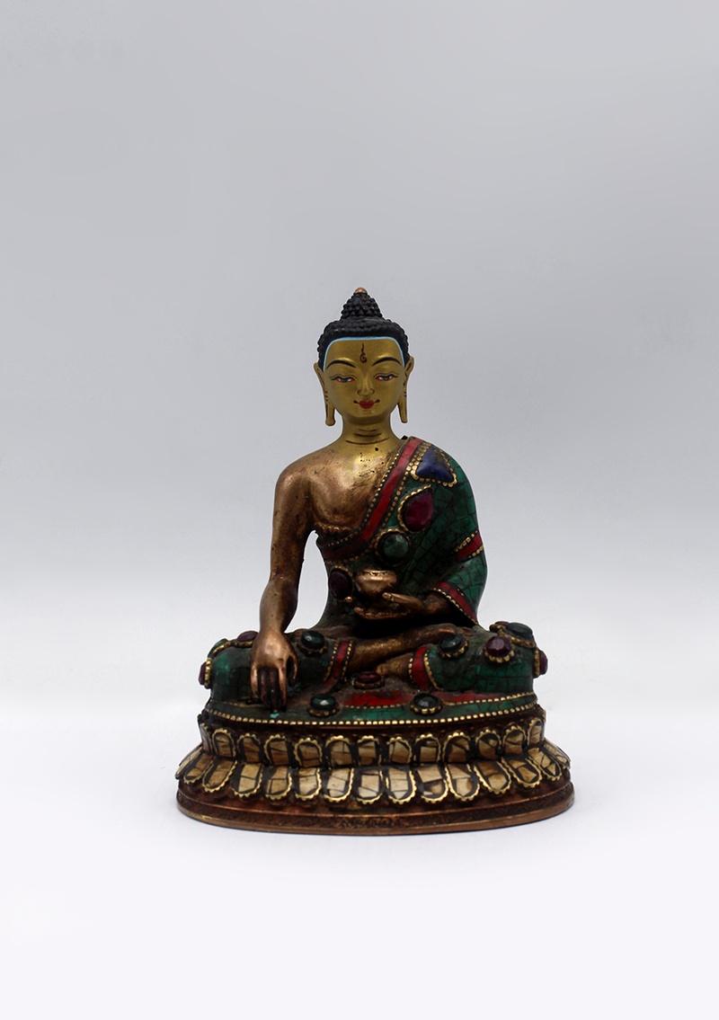 Stone Inlaid Copper Shakyamuni Buddha Statue 4.5"H