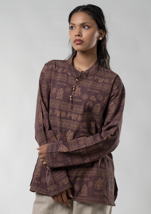 Hare Ram Hare Krishna  Khadar Kurta Shirt - Coffee