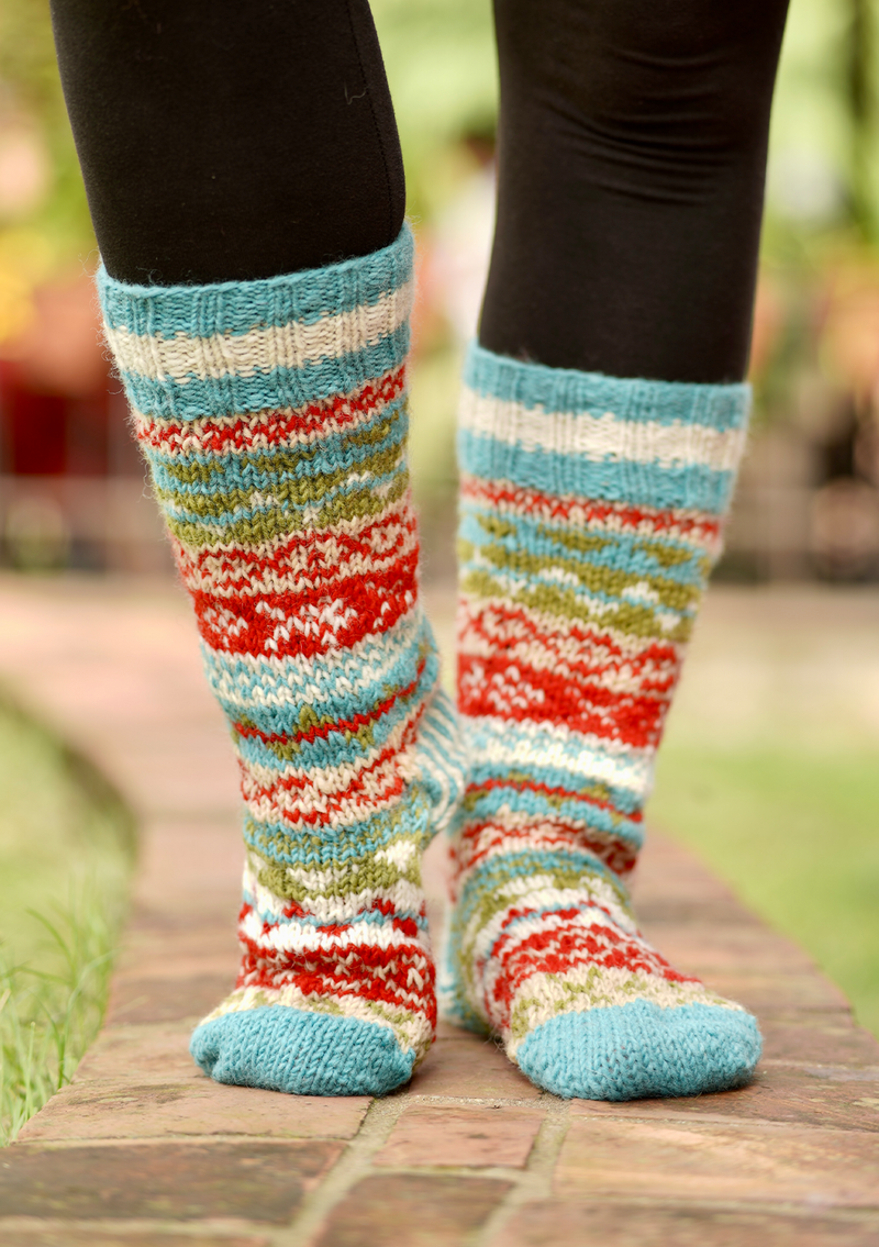 Blue and Red Multicolor Woolen Knee High Socks