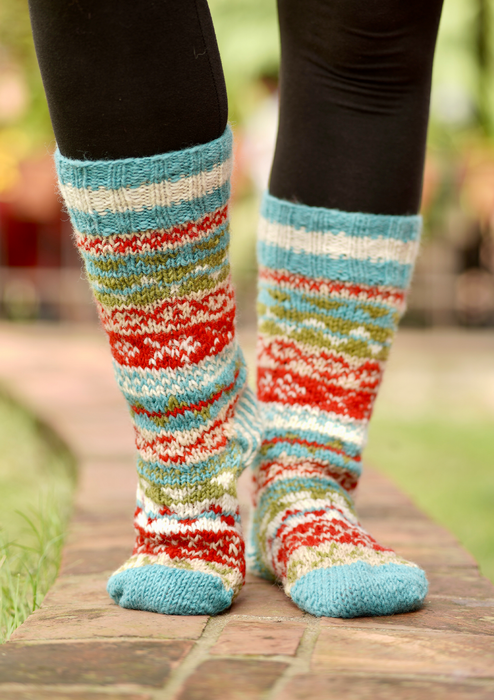 Blue and Red Multicolor Woolen Knee High Socks