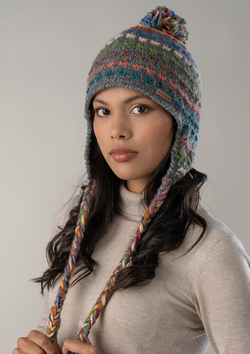 Handknitted Gray Multicolor Dotted Pompom Sherpa Cap