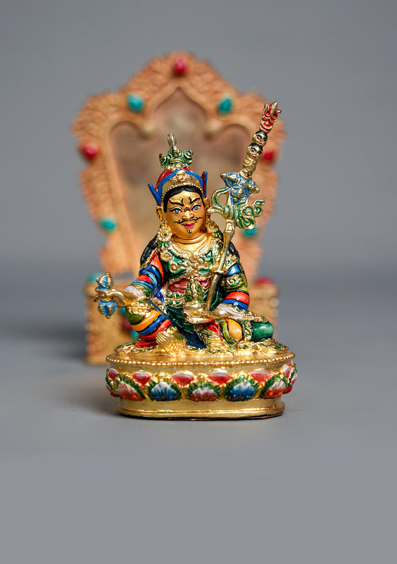 Handpainted Guru Padmasambhava Statue with Stone-Inlaid Throne