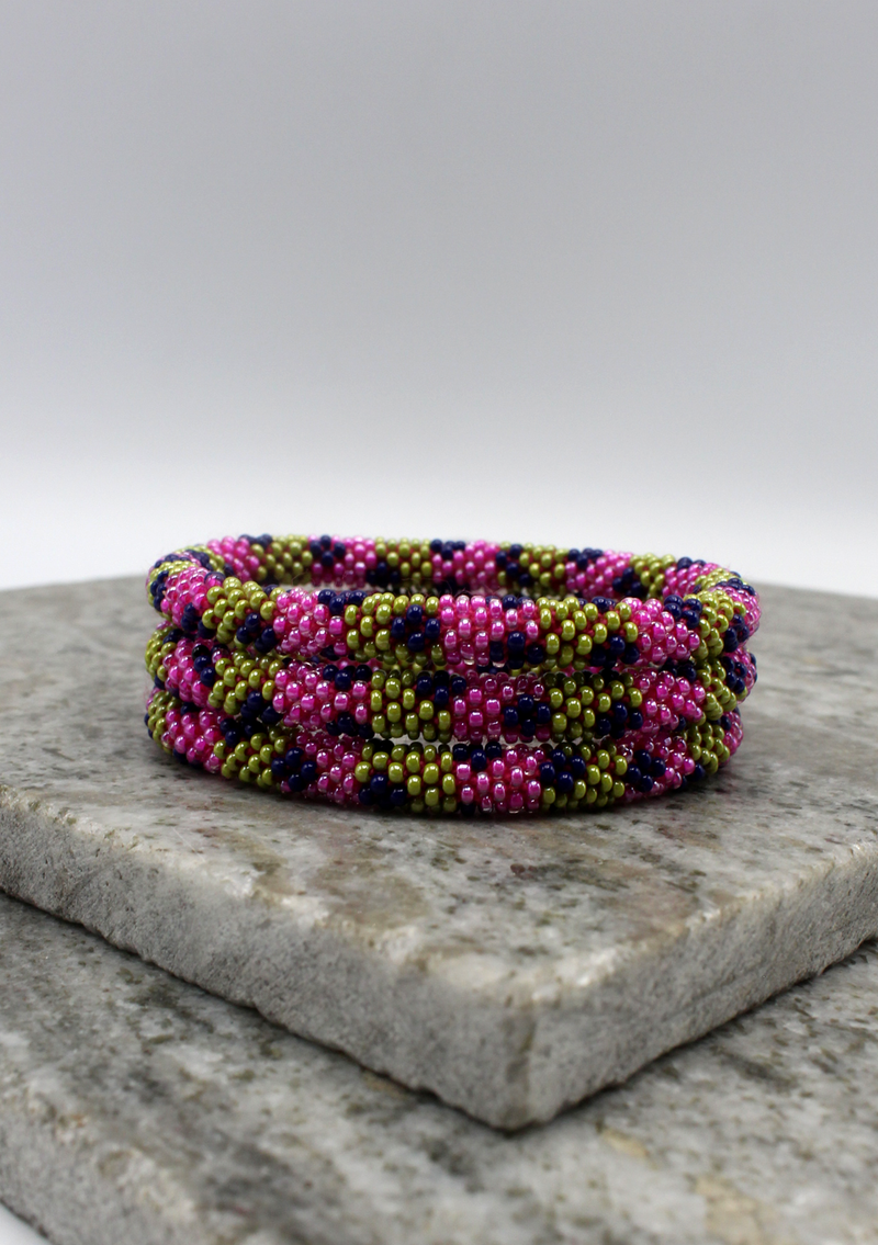 Pink Green Two Lines Nepalese Roll on Beads Bracelet