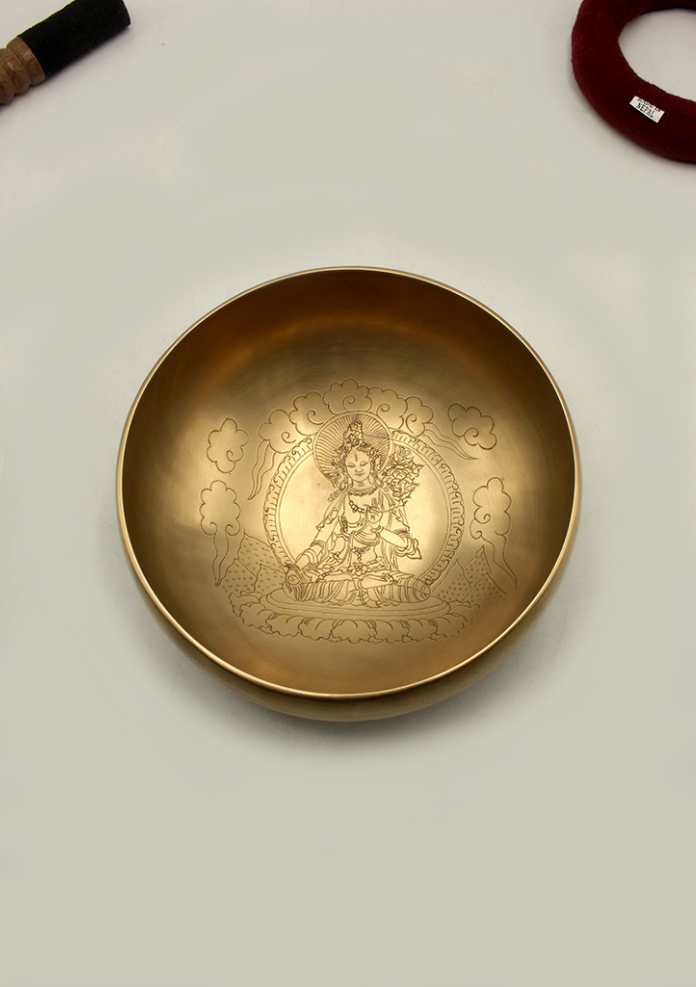 White Tara Engraved  Practiitoner   Bhadgaon Singing Bowl 7.5"