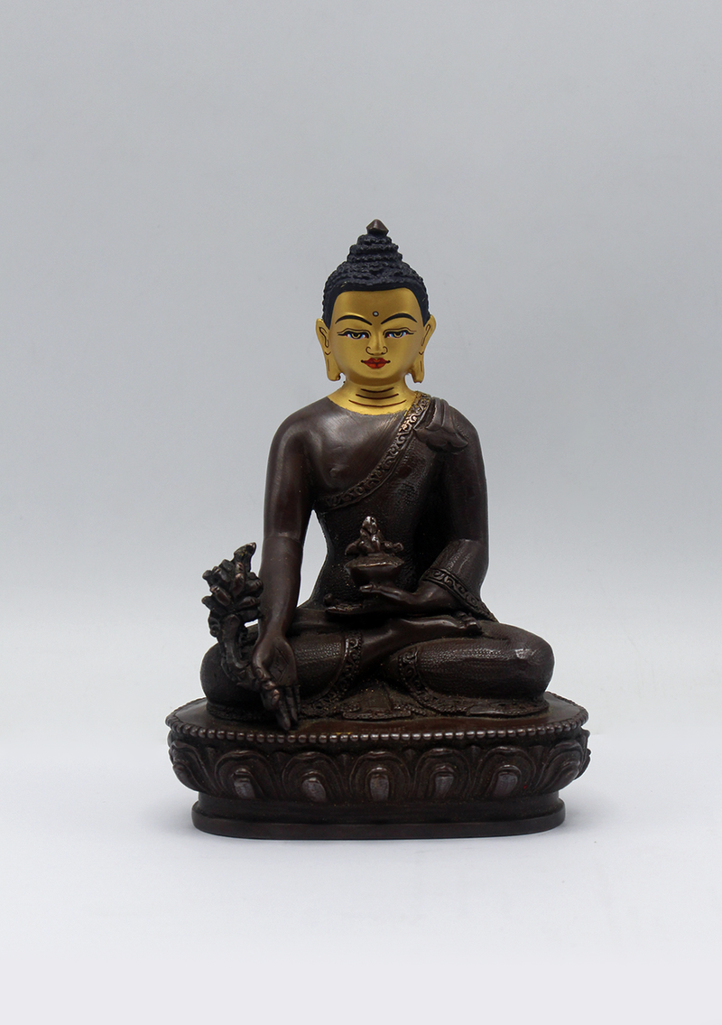 Gold Face Painted Copper Medicine Buddha Statue 5.5"H