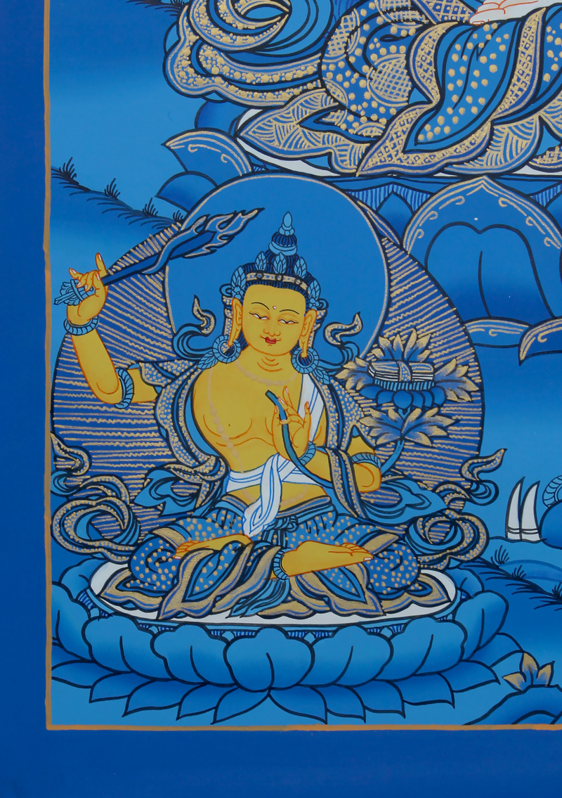 Chenrezig with Manjushree, Vajrapani and Amitabha Buddha Thangka Painting