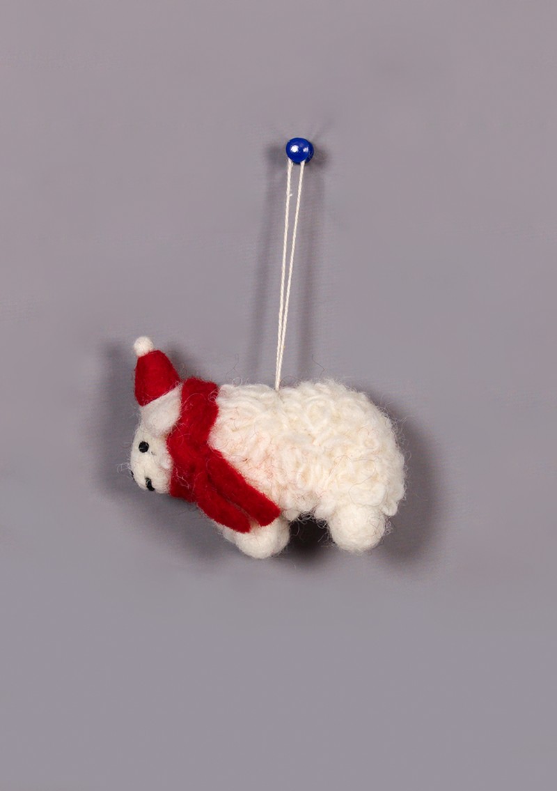 Handmade Felt Sheep with Red Scarf Hanging Decor