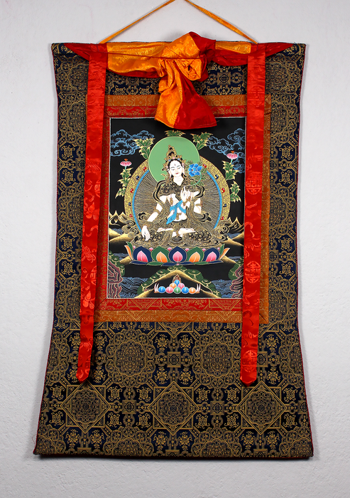 White Tara Brocade Thangka Painting with Gold Highlights