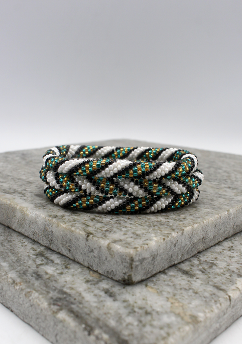 Black and White Gold Stripe Nepalese Roll on Beads Bracelet