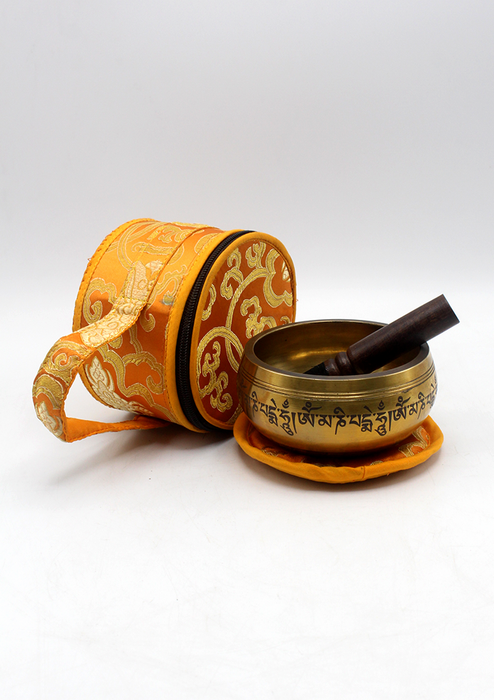 Chenrezig Painted Singing Bowl Set with Silk Brocade Gift Box
