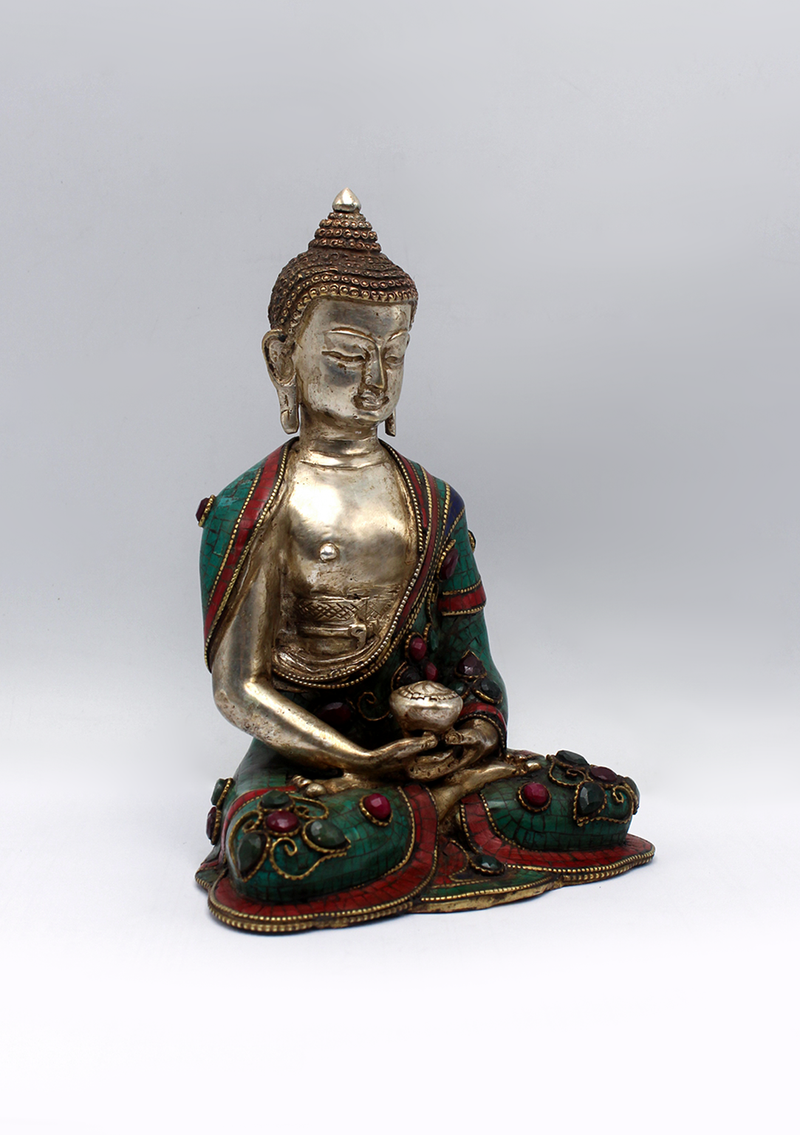 Stone Inlaid Copper Silverplated Amitabha Buddha Statue 6.5"H