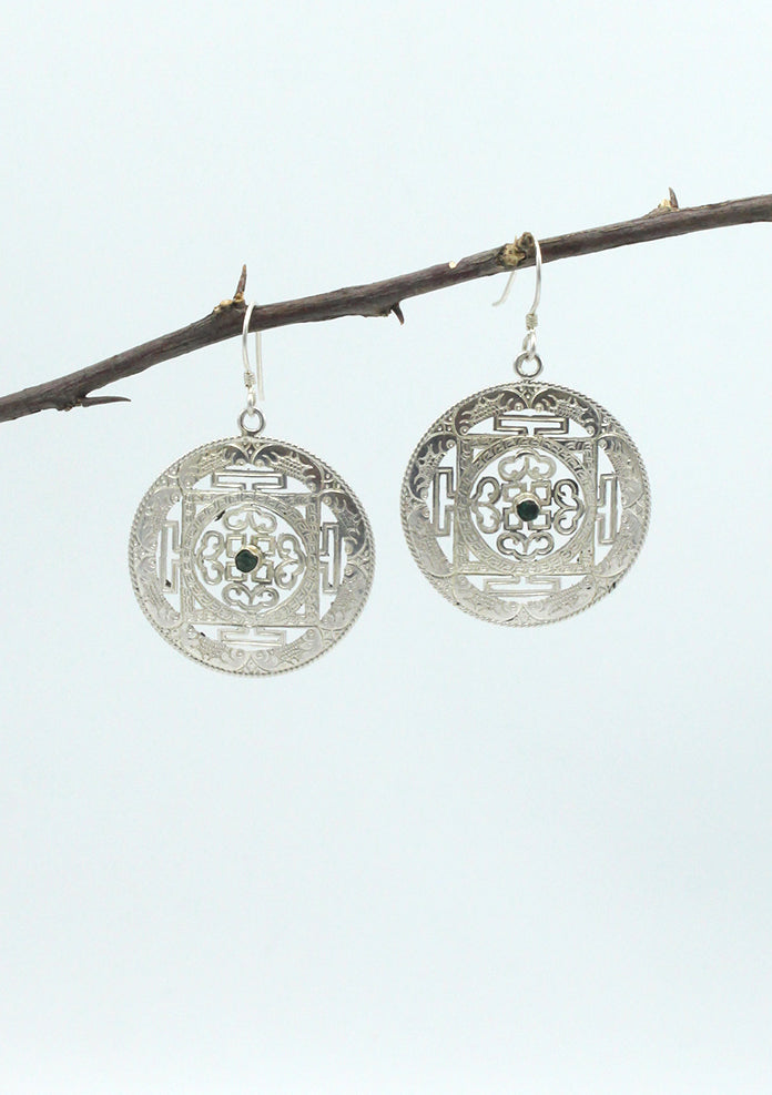 Sterling Silver Emerald Inlaid Mandala Earrings