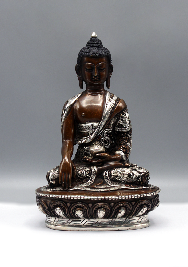 Silver Copper Shakyamuni Buddha Statue 8"H