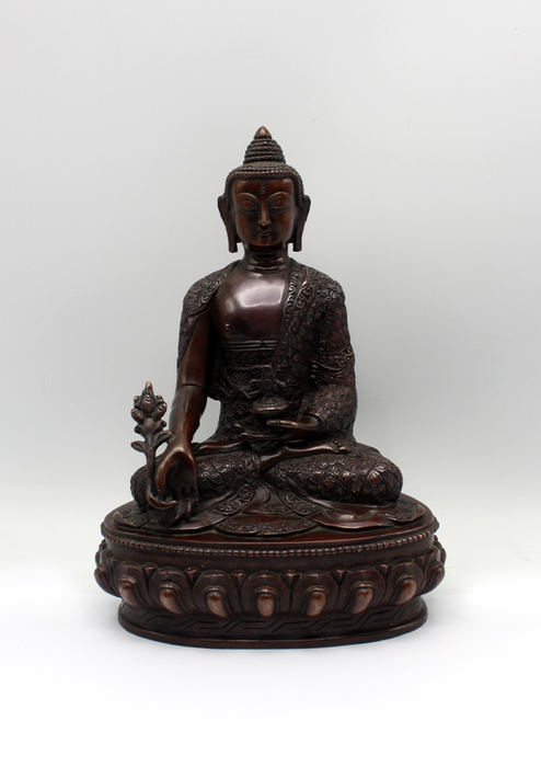Copper Medicine Buddha Carved Statue 9" H