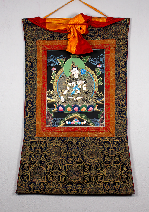 White Tara Brocade Thangka Painting with Gold Highlights