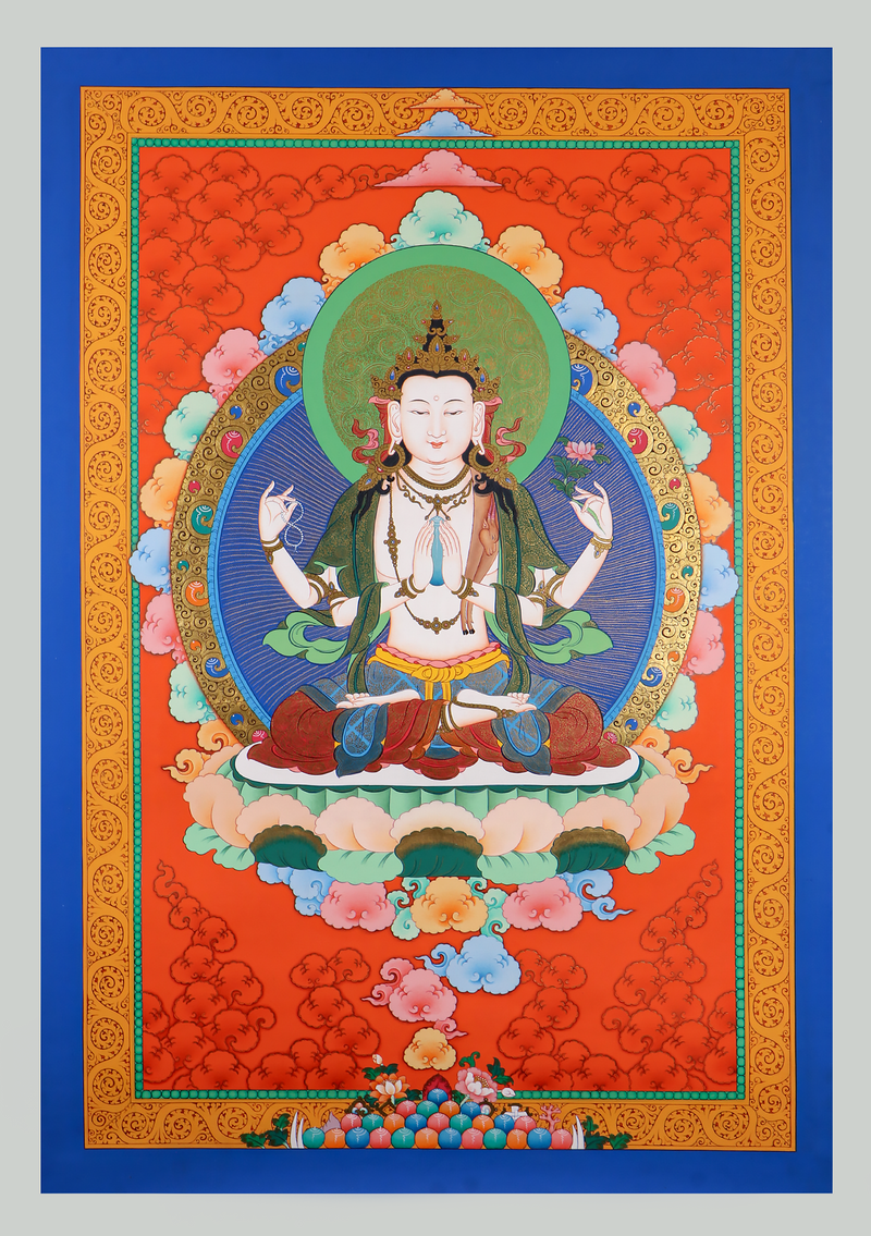 Chenrezig Thangka Painting Red Gold Background