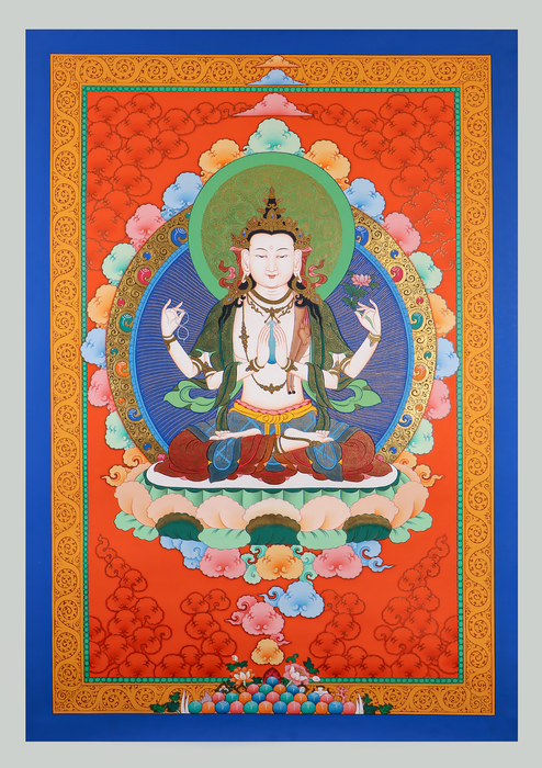 Chenrezig Thangka Painting Red Gold Background