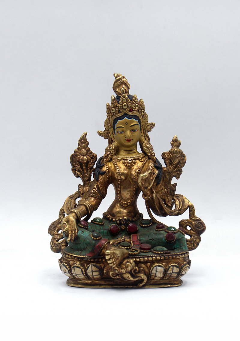 Stone Inlaid Copper Green Tara Statue 5.5"H