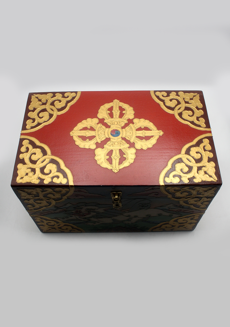 Snow Lion Handpainted Tibetan Wooden Box 14.5"