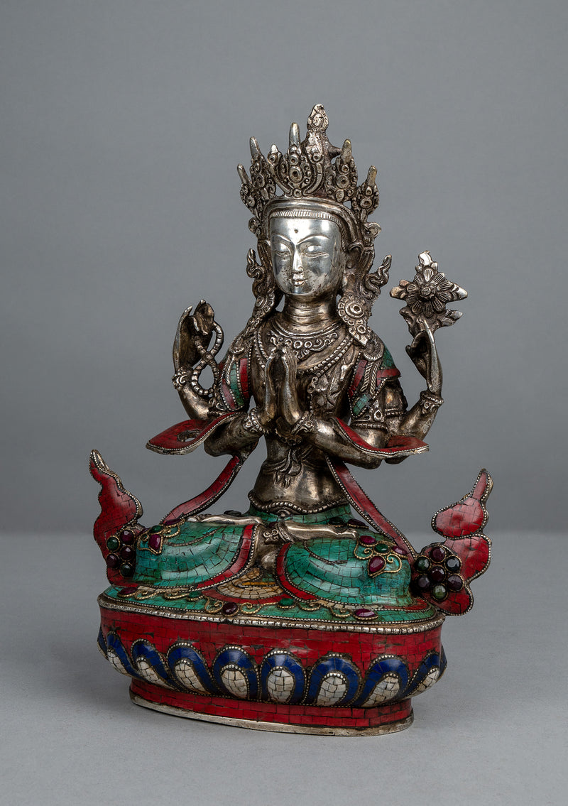 Silver Plated  Stone Inlaid  Four arms Chenrezig Statue