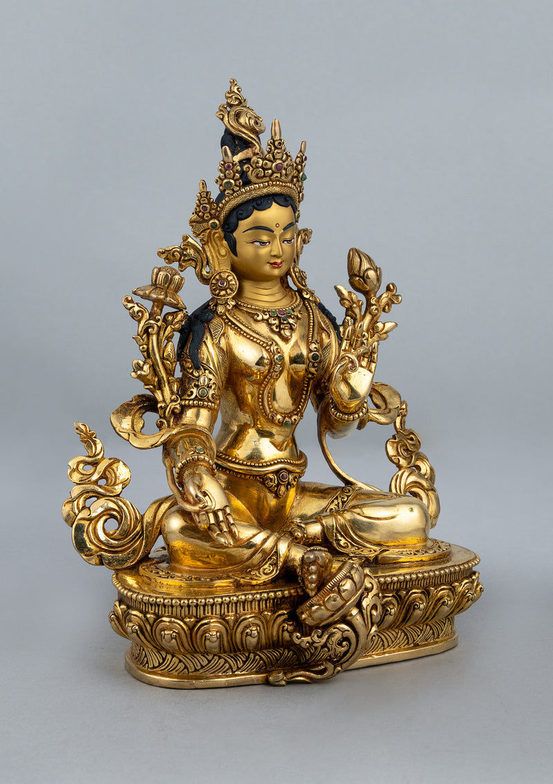 Fully Gold Plated Green Tara Statue with Stone Inlays 9.5"H