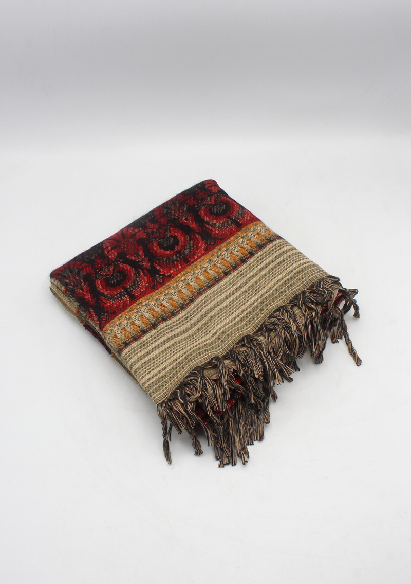 Hand loomed Maroon Brown Lined Woolen Shawl Nepal- Saugat