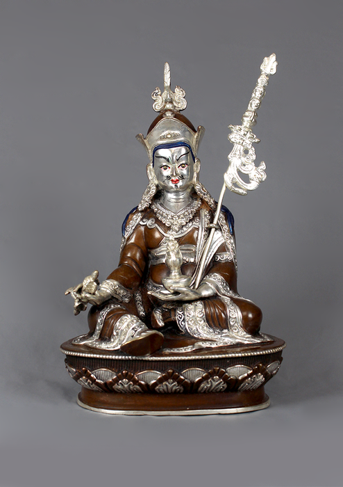 Guru Padmasambhava  Silverplated  Copper Statue 9" H