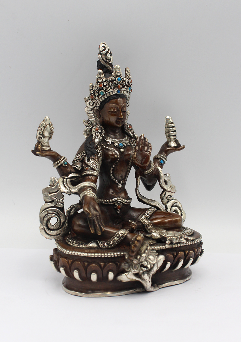 Copper Silver Inlaid Laxmi Statue 6" H