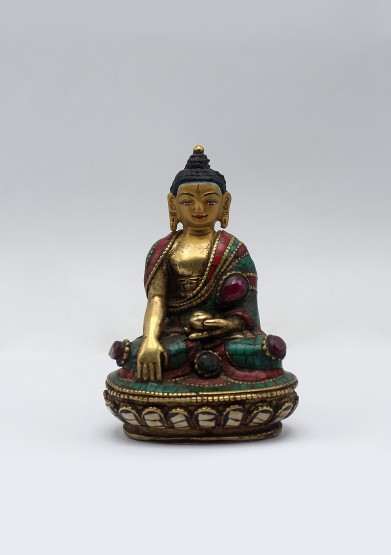 Stone Inlaid Copper Shakyamuni Buddha Statue 3"H