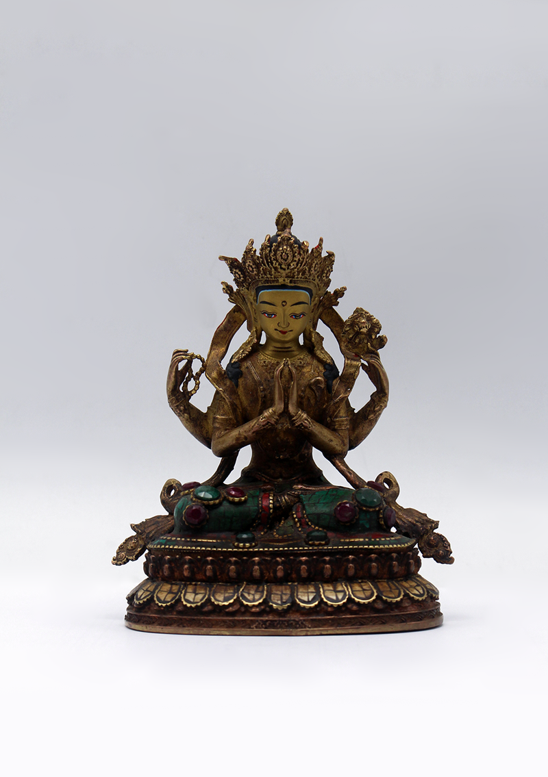 Stone Inlaid Copper Chenrezig Statue 4.5"H