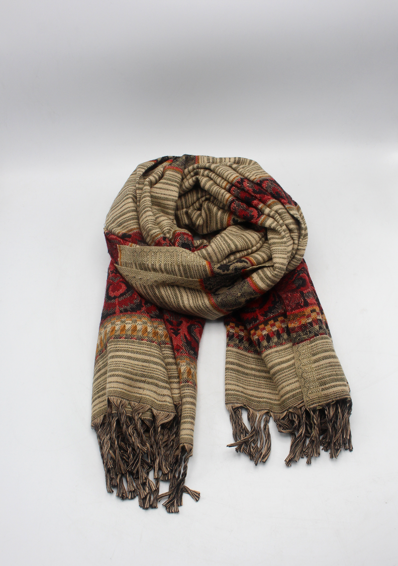 Hand loomed Maroon Brown Lined Woolen Shawl Nepal- Saugat