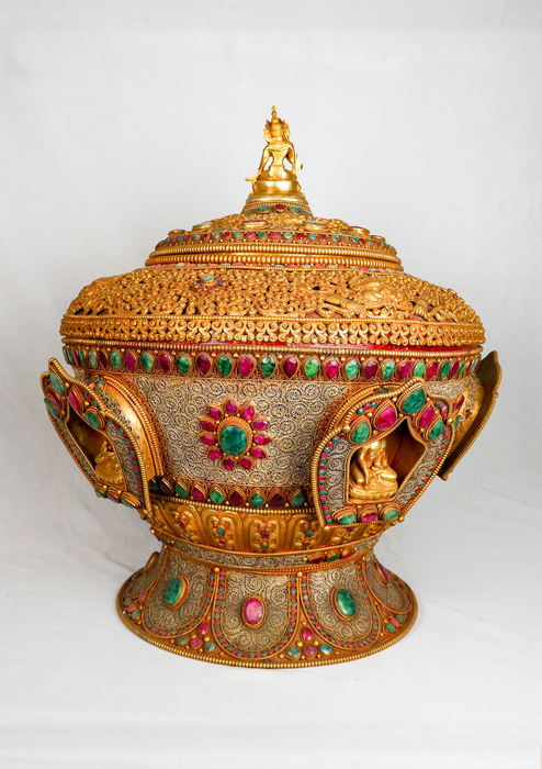 Golden Elegance: Multistone Inlaid Offering Bowl with Pancha Buddha in Gold Plating