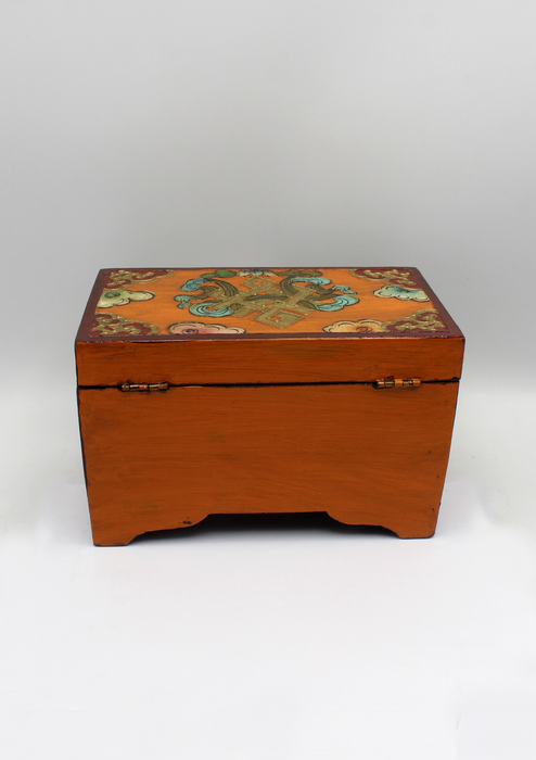 Handpainted Tibetan Endless Knot  Orange Wooden Box with Golden Fish- Large