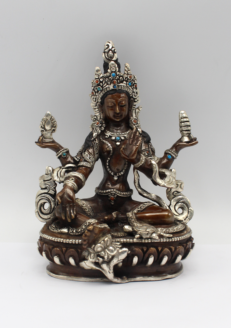 Copper Silver Inlaid Laxmi Statue 6" H