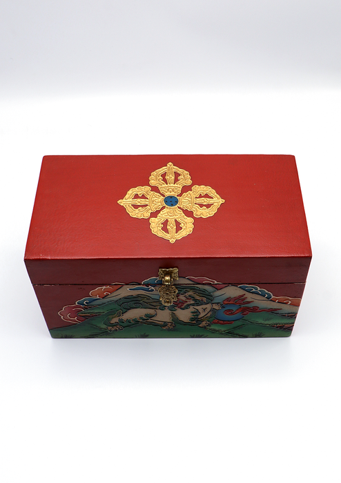 Handpainted Tibetan Snow Lion Wooden Box 10"